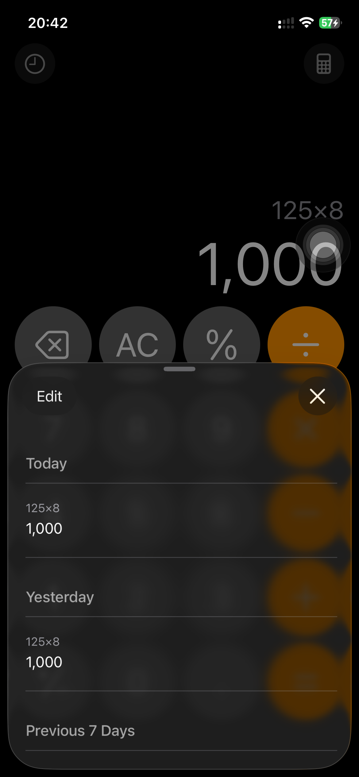 Actual iPhone Calculator history showing the saved calculation 125 × 8 = 1,000 after reconnecting.